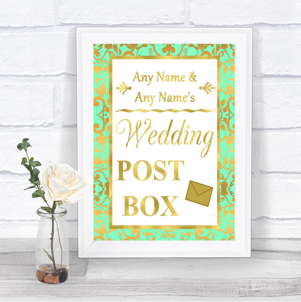 Mint Green & Gold Card Post Box Personalized Wedding Sign