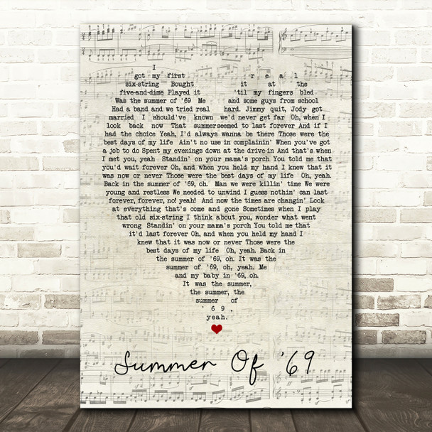 Summer Of '69 Bryan Adams Script Heart Song Lyric Print