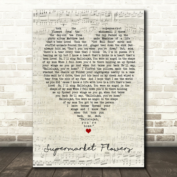 Supermarket Flowers Ed Sheeran Script Heart Song Lyric Print