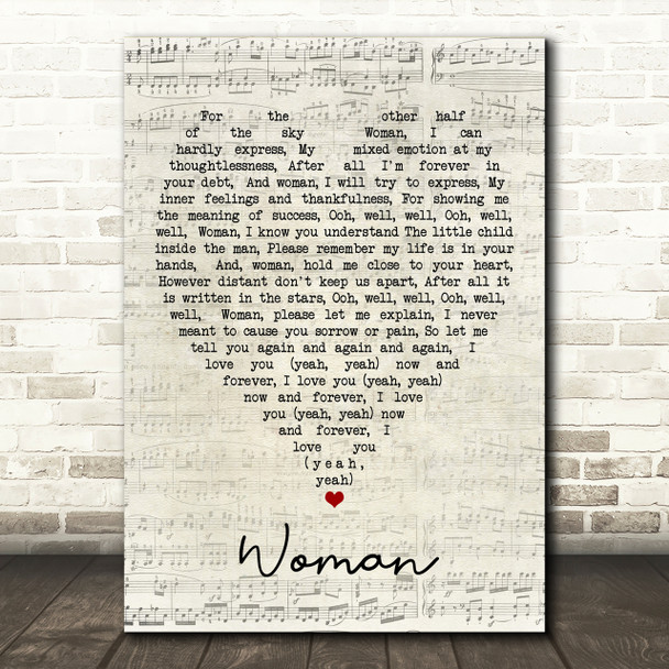 Woman John Lennon Script Heart Song Lyric Print