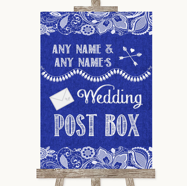 Navy Blue Burlap & Lace Card Post Box Personalized Wedding Sign