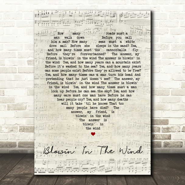 Blowin' In The Wind Bob Dylan Script Heart Song Lyric Print