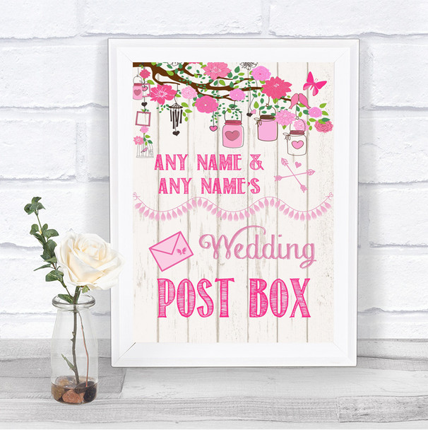 Pink Rustic Wood Card Post Box Personalized Wedding Sign