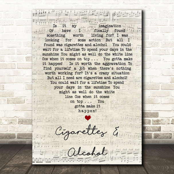 Cigarettes & Alcohol Oasis Script Heart Song Lyric Print