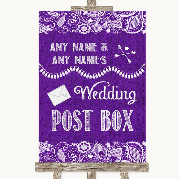 Purple Burlap & Lace Card Post Box Personalized Wedding Sign