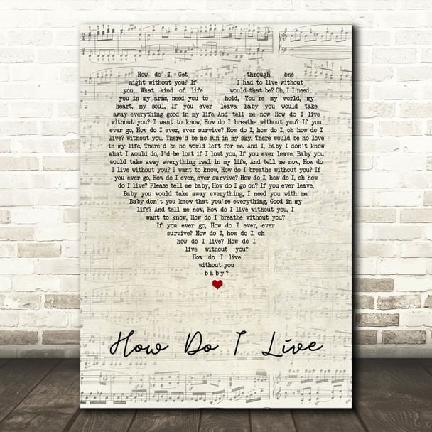 LeAnn Rimes How Do I Live Script Heart Song Lyric Print