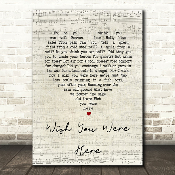 Pink Floyd Wish You Were Here Script Heart Song Lyric Print