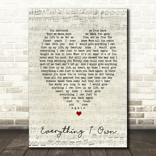 Everything I Own Bread Script Heart Song Lyric Print