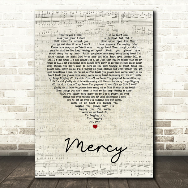 Shawn Mendes Mercy Script Heart Song Lyric Print