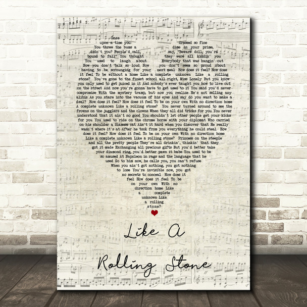 Like A Rolling Stone Bob Dylan Script Heart Song Lyric Print