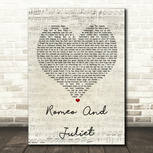 Dire Straits Romeo And Juliet Script Heart Song Lyric Print