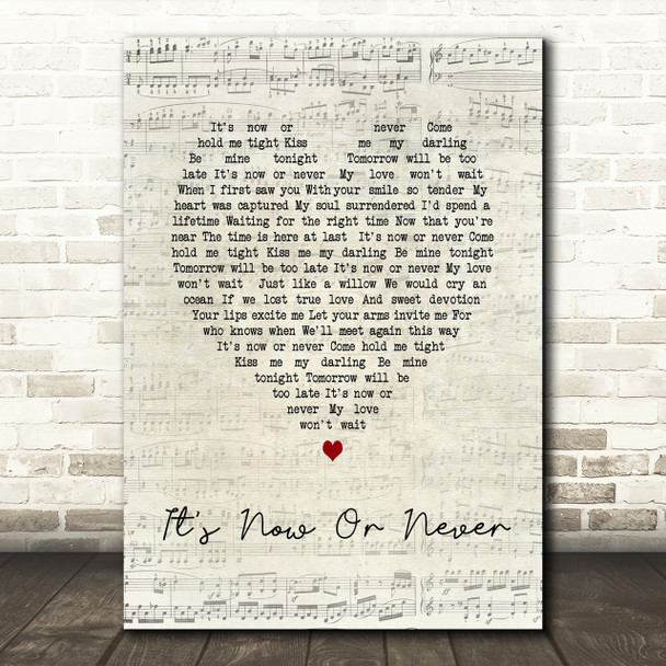 Elvis Presley It's Now Or Never Script Heart Song Lyric Print