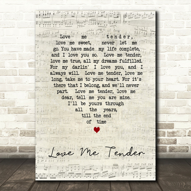 Elvis Presley Love Me Tender Script Heart Song Lyric Print