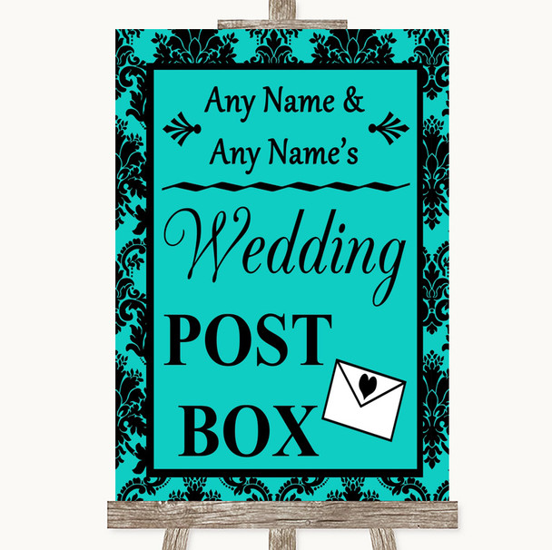 Turquoise Damask Card Post Box Personalized Wedding Sign