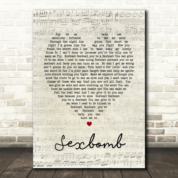 Tom Jones Sexbomb Script Heart Song Lyric Print