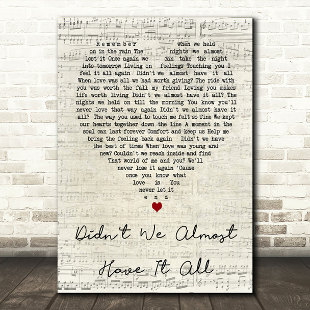 Whitney Houston Didn't We Almost Have It All Script Heart Song Lyric Print