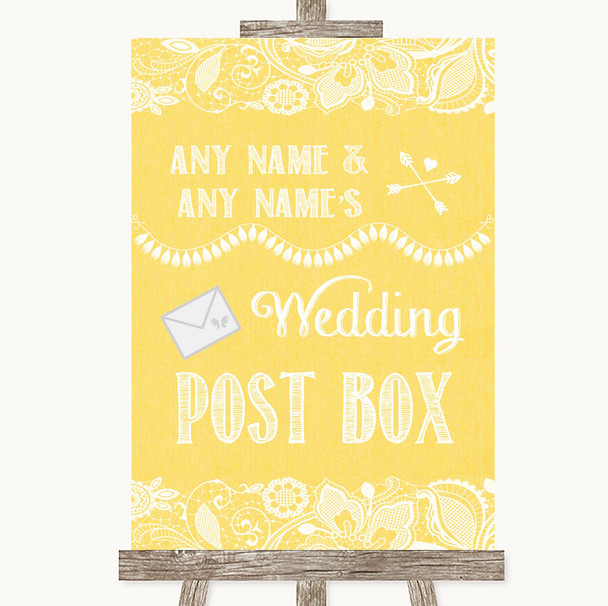 Yellow Burlap & Lace Card Post Box Personalized Wedding Sign