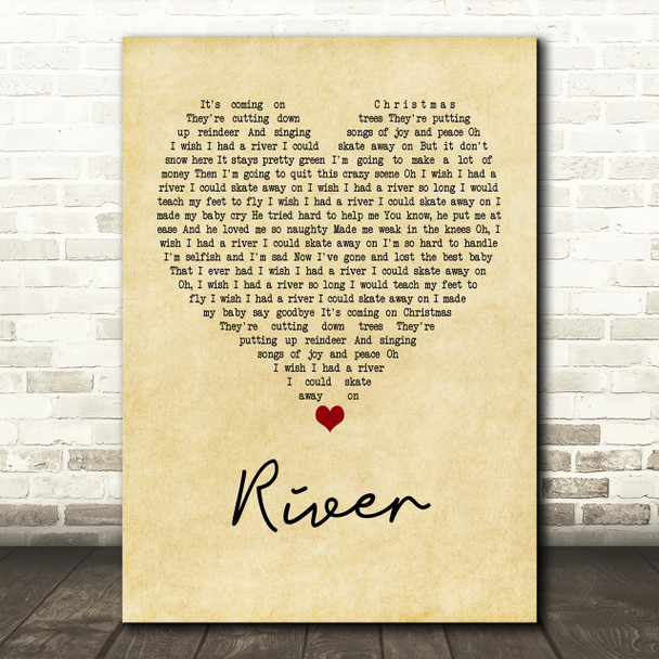 Joni Mitchell River Vintage Heart Song Lyric Print