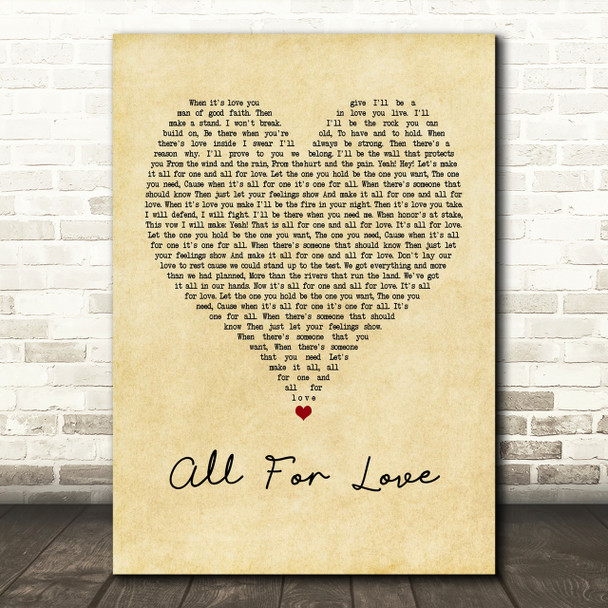 Bryan Adams All For Love Vintage Heart Song Lyric Print