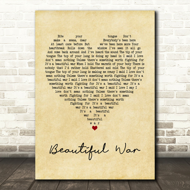 Kings Of Leon Beautiful War Vintage Heart Song Lyric Print