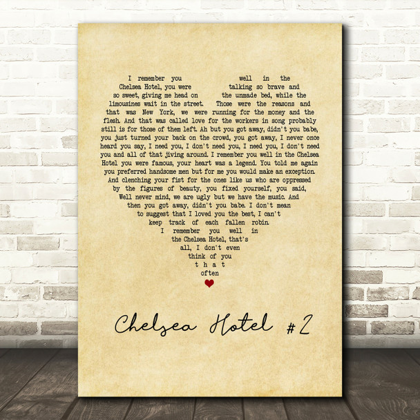 Leonard Cohen Chelsea Hotel #2 Vintage Heart Song Lyric Print