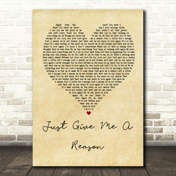 Pink Just Give Me A Reason Vintage Heart Song Lyric Print