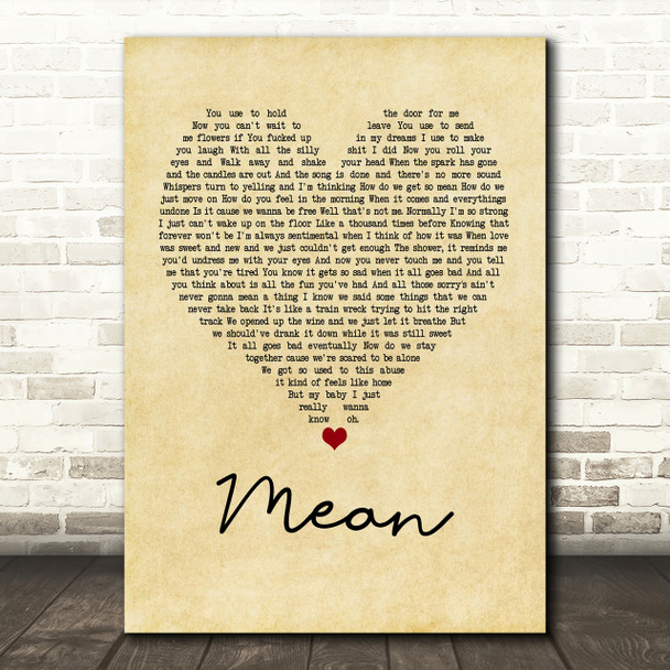 Pink Mean Vintage Heart Song Lyric Print