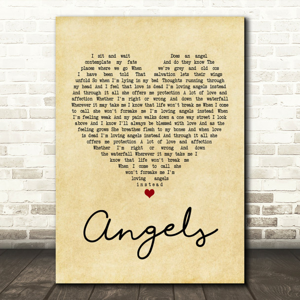 Robbie Williams Angels Vintage Heart Song Lyric Print