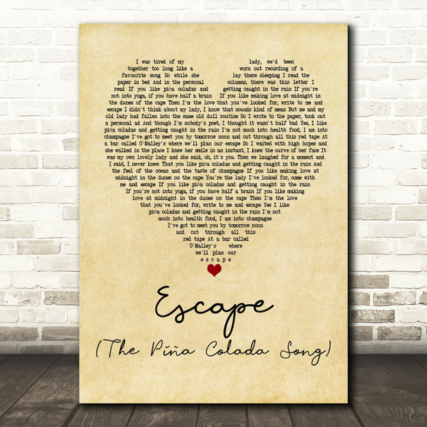 Rupert Holmes Escape (The Piña Colada Song) Vintage Heart Song Lyric Print
