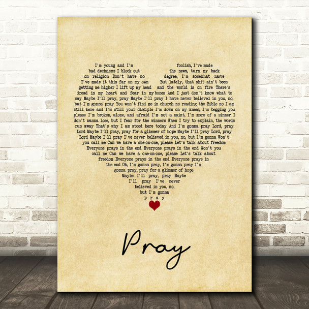 Sam Smith Pray Vintage Heart Song Lyric Print