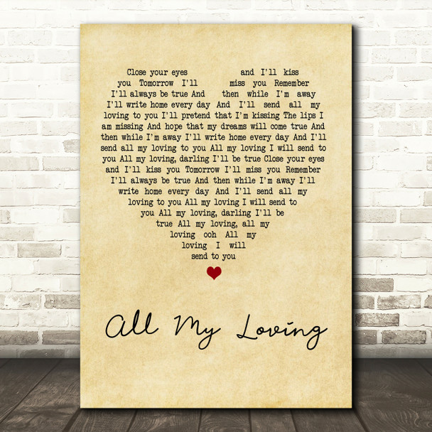The Beatles All My Loving Vintage Heart Song Lyric Print