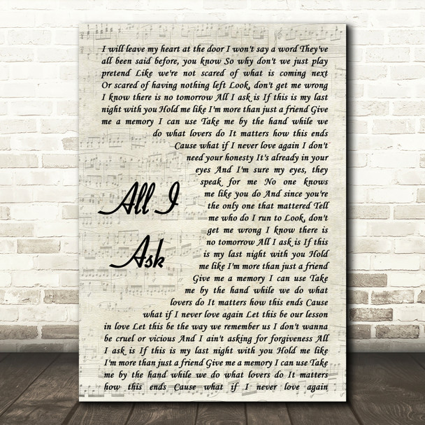 Adele All I Ask Song Lyric Vintage Script Print