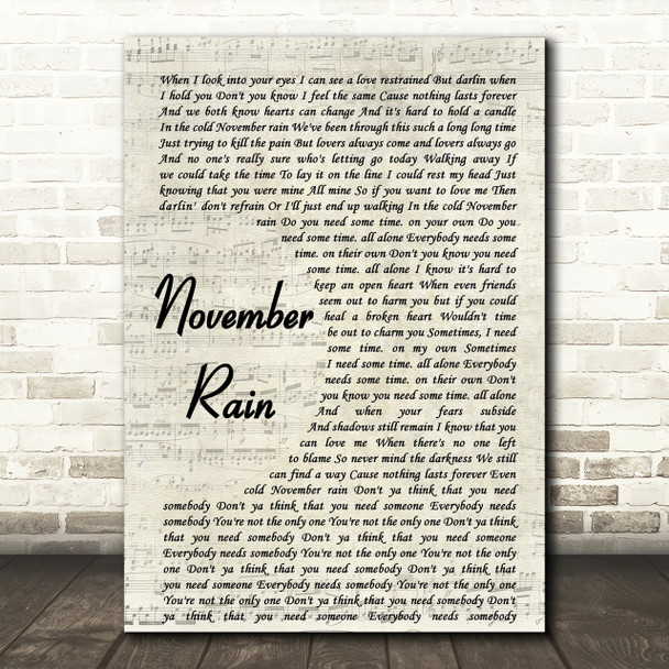 Guns N' Roses November Rain Song Lyric Vintage Script Print
