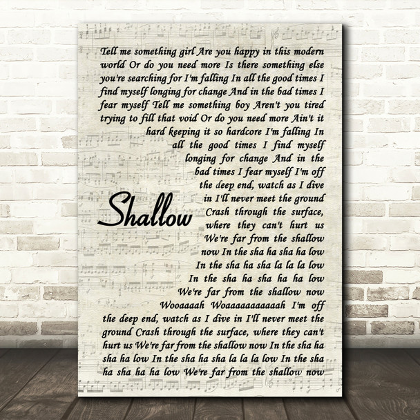 Lady Gaga & Bradley Cooper Shallow Song Lyric Vintage Script Print