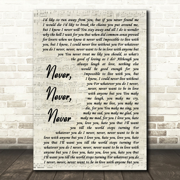 Shirley Bassey Never, Never, Never Song Lyric Vintage Script Print