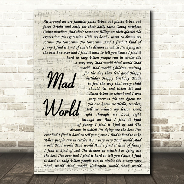 Tears For Fears Mad World Song Lyric Vintage Script Print