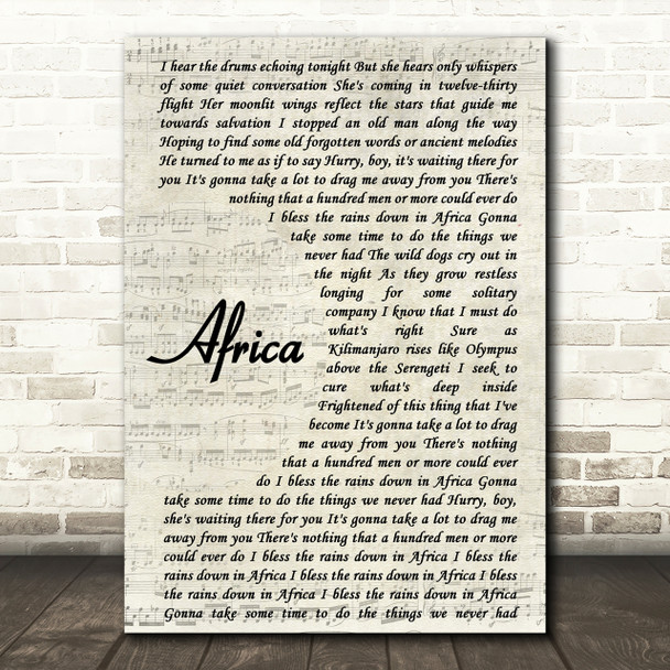 Toto Africa Song Lyric Vintage Script Print Toto Africa Song Lyric Vintage Script Print