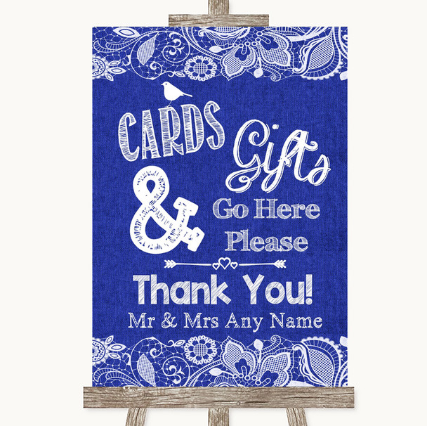 Navy Blue Burlap & Lace Cards & Gifts Table Personalized Wedding Sign