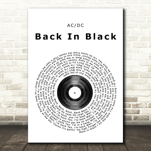 ACDC Back In Black Vinyl Record Song Lyric Print