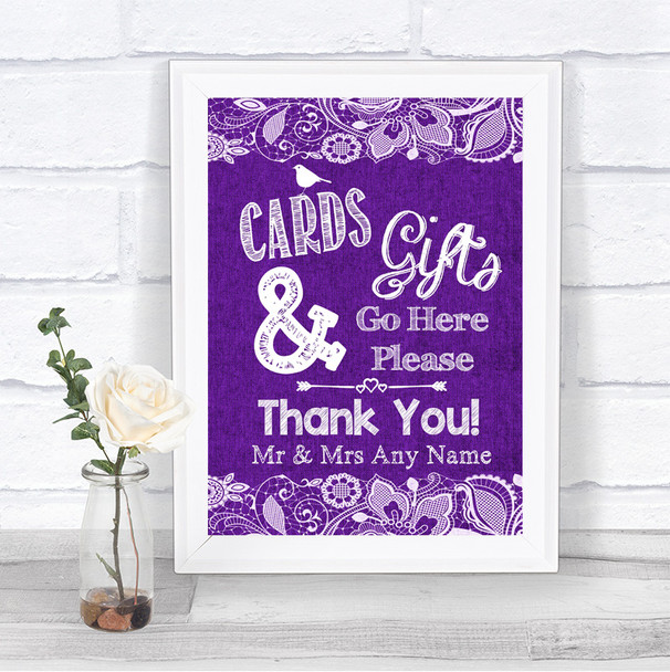 Purple Burlap & Lace Cards & Gifts Table Personalized Wedding Sign