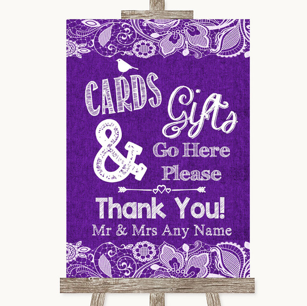 Purple Burlap & Lace Cards & Gifts Table Personalized Wedding Sign