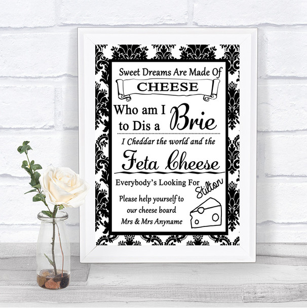 Black & White Damask Cheese Board Song Personalized Wedding Sign