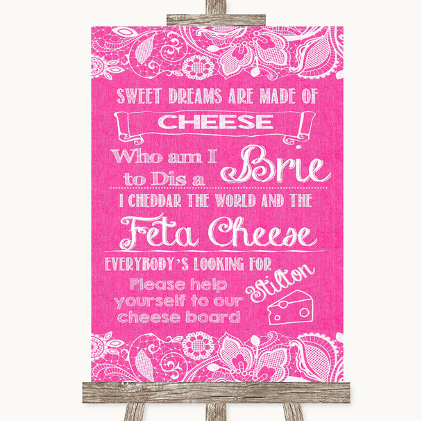 Bright Pink Burlap & Lace Cheese Board Song Personalized Wedding Sign