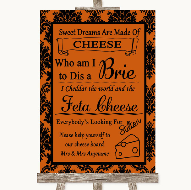 Burnt Orange Damask Cheese Board Song Personalized Wedding Sign