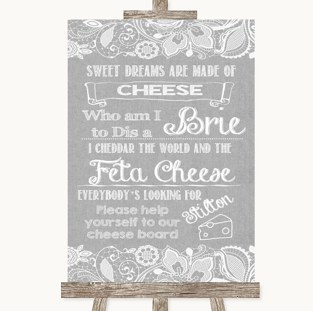 Grey Burlap & Lace Cheese Board Song Personalized Wedding Sign
