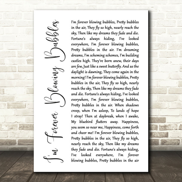 Cockney Rejects I'm Forever Blowing Bubbles White Script Song Lyric Print