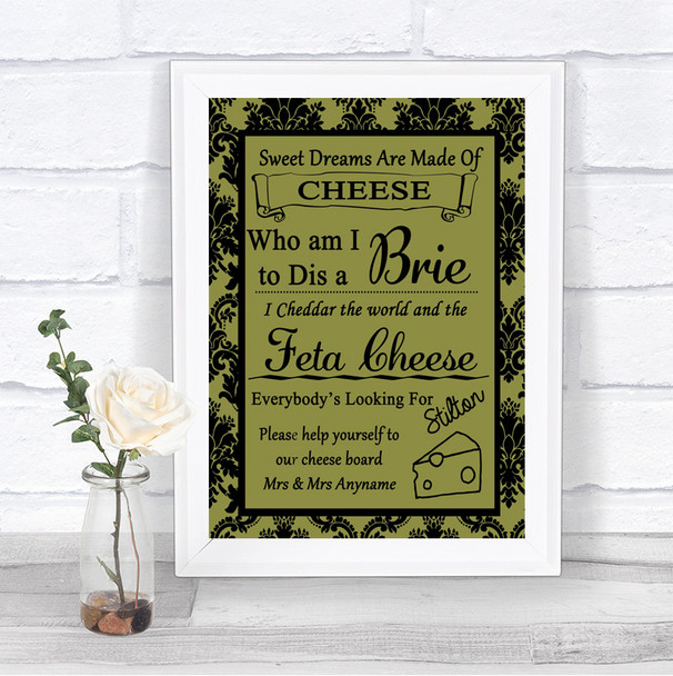 Olive Green Damask Cheese Board Song Personalized Wedding Sign