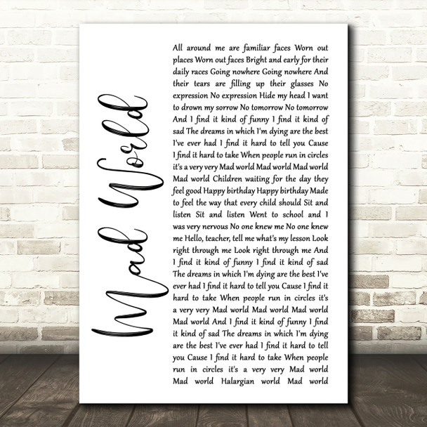 Tears For Fears Mad World White Script Song Lyric Print
