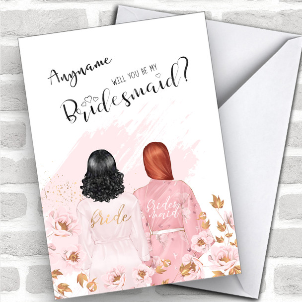 Black Curly Hair & Ginger Swept Hair Will You Be My Bridesmaid Personalized Wedding Greetings Card