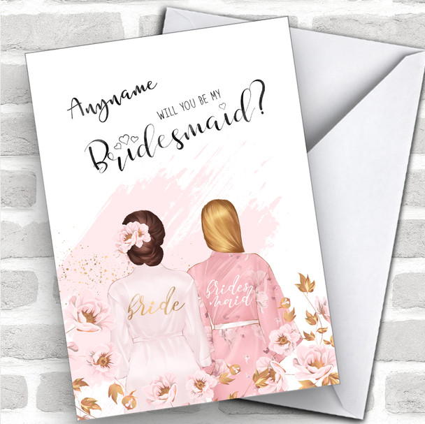 Brown Floral Hair & Blond Swept Hair Will You Be My Bridesmaid Personalized Wedding Greetings Card